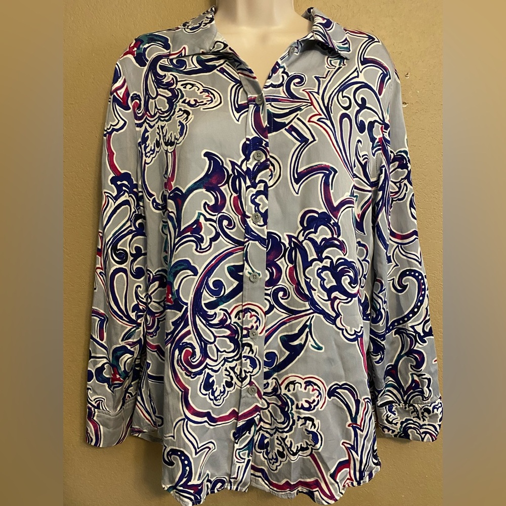 Chico’s Sandwash Satin Paisley Painted Dream Shirt Women Size 1 (M8)